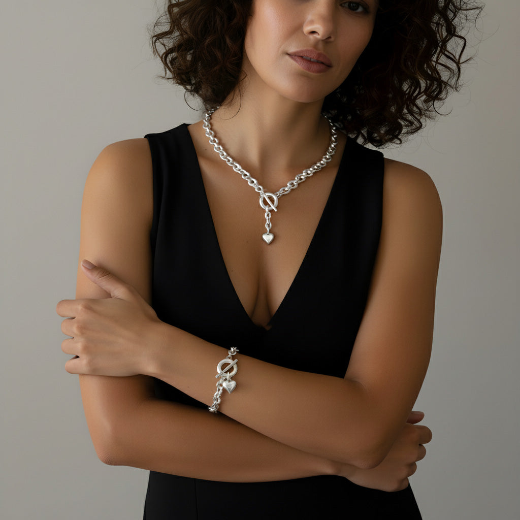 Statement Schmuck - Set: massive Gliederkette & Armband mit Herzanhänger
