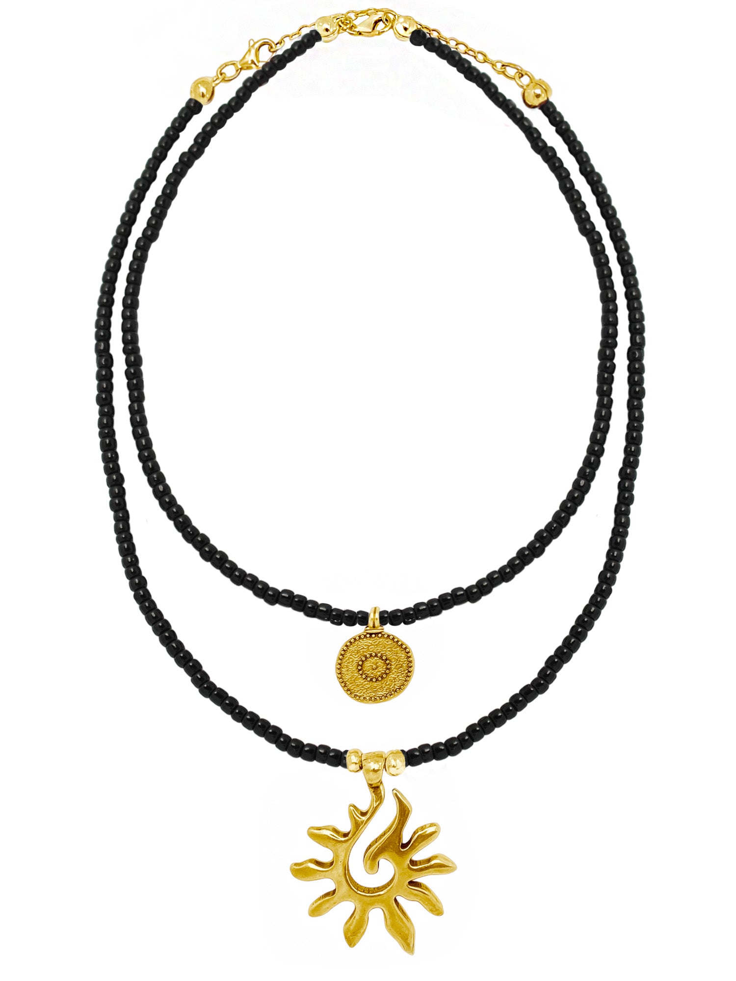 Ketten Schmuck Set mit Anhänger Sonne und Münze schwarze Glasperlen