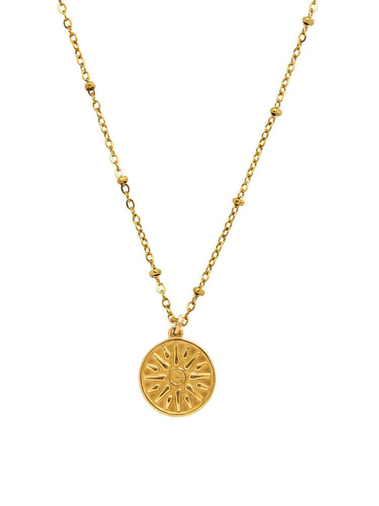 Edelstahlhalskette mit Münzanhänger Sonnensymbol - Gold - KG1035-gold - Halsketten für Damen - Beau Soleil Jewelry