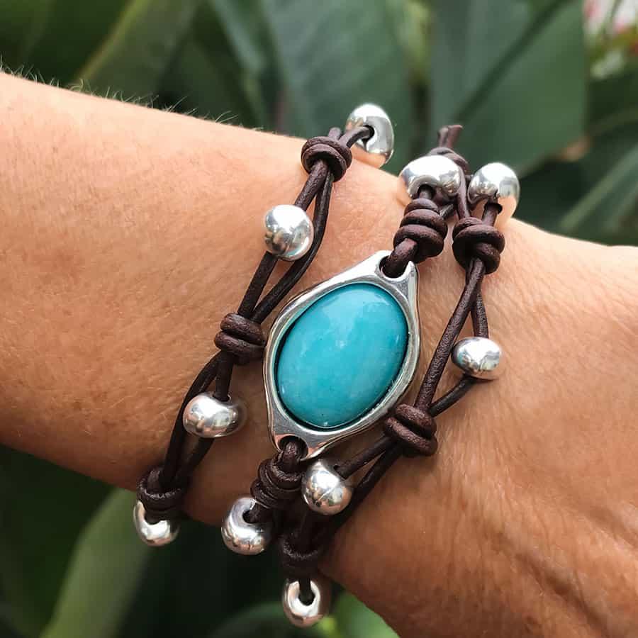 Wickelarmband Leder Amazonit A1002 - Braun - A1002-blue-18-Braun - Beau Soleil Jewelry