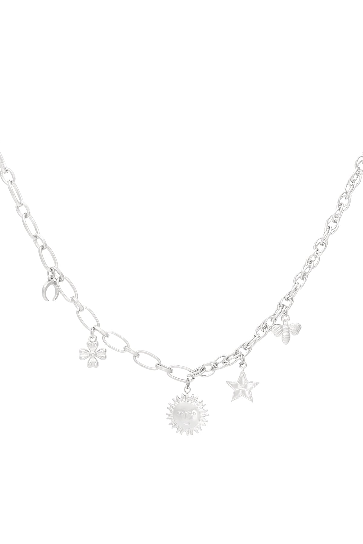 Silberne Charm-Halskette mit Sonne, Stern, Mond, Biene und Blüte – 39+5 cm, Edelstahl