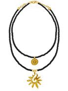 Ketten Schmuck Set mit Anhänger Sonne und Münze schwarze Glasperlen