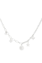 Silberne Charm-Halskette mit Sonne, Stern, Mond, Biene und Blüte – 39+5 cm, Edelstahl